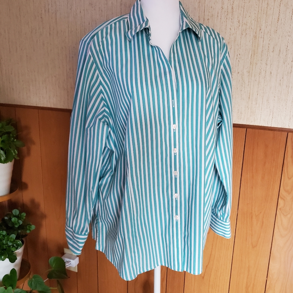 Foxcroft 100% Cotton Striped Button Down Shirt Teal Green White Size XXL